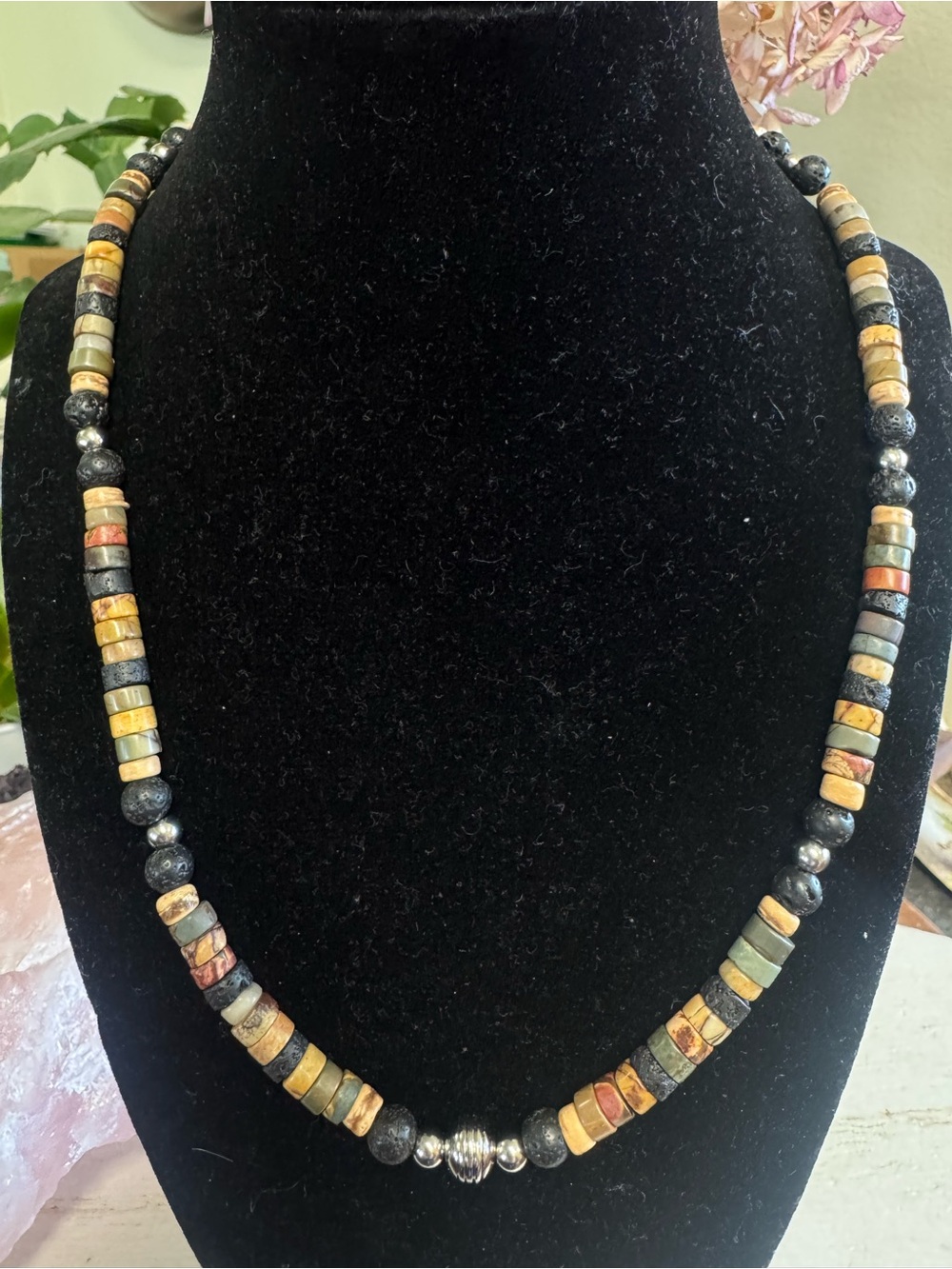 19” Picasso Jasper and Lava Heishi Bead Necklace in Earth Tones - Handmade